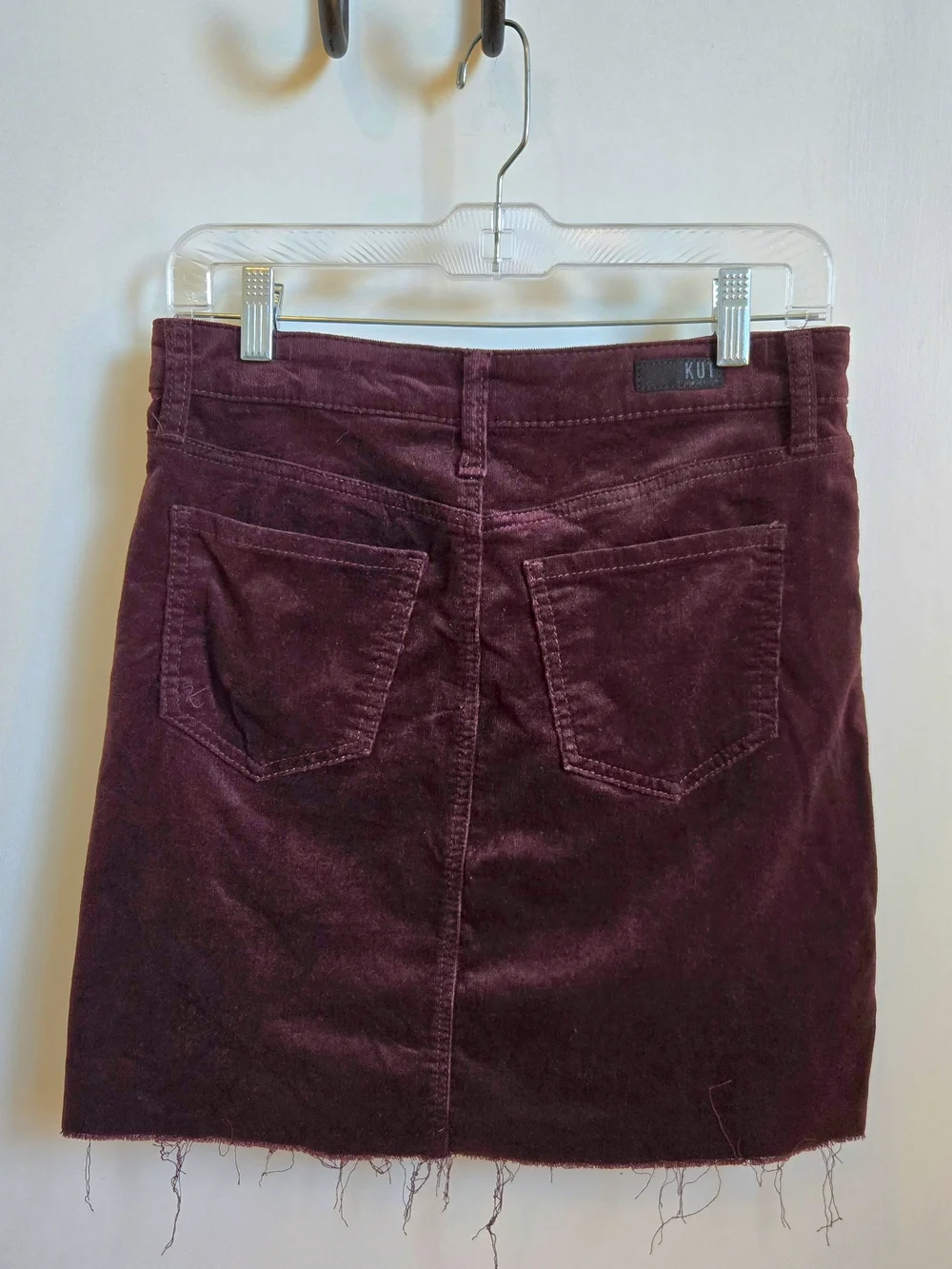 Kut from the Kloth Distressed Hem Corduroy Mini Skirt in Burgundy